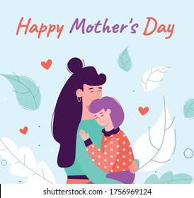 Mothers day greeting card template with woman character holding and embracing baby child, cartoon vector illustration on blue background. Mom and kid hugging together.