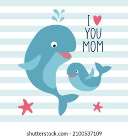 Mother's Day greeting card. Template greeting card with cute whales. Vector illustration