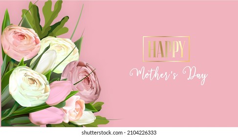 Mother's day greeting card template. print-ready postcard mockup. Lettering in English: Happy Mother's Day. Flyer congratulations on international women's day. Banner layout.