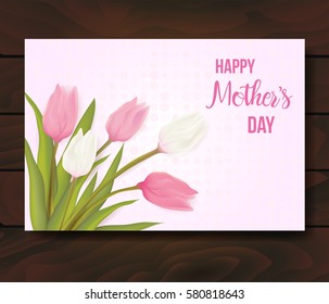Mother's day greeting card with tulip flowers. With typography greeting message. Vector illustration.