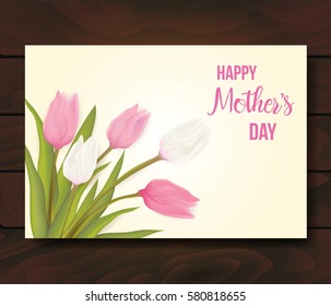 Mother's day greeting card with tulip flowers. With typography greeting message. Vector illustration.