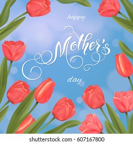 Mothers Day greeting card. Tulips background, spring holidays. Vector Illustration EPS10