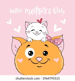 Mothers day greeting card with two beautiful cats mom and baby and the inscription happy mothers day. Vector illustration of cartoon doodle animals 