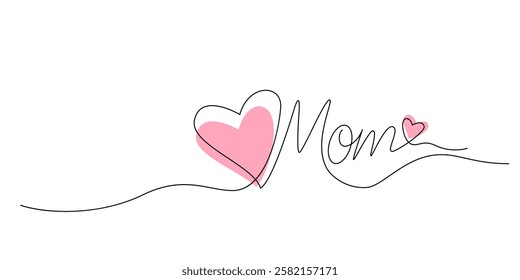 Mother's day greeting card. two hearts drawn with one line with the word mom. vector illustration on white background
