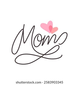 Mother's day greeting card. two hearts drawn with one line with the word mom. vector illustration on white background