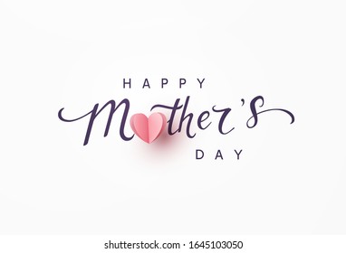 Mother's day greeting card. Vector pink love symbol in shape of heart and Happy Mother's Day calligraphy on gray background. 
