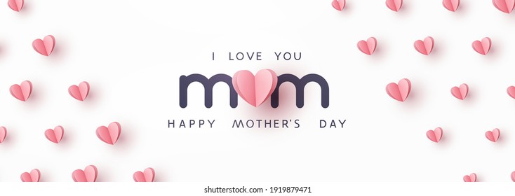 Mother's day greeting card. Vector banner with pink paper hearts. Symbols of love on white background