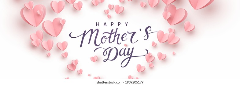 Mother's day greeting card. Vector banner with 3d flying pink paper hearts. Symbols of love and handwriting lettering text on white background