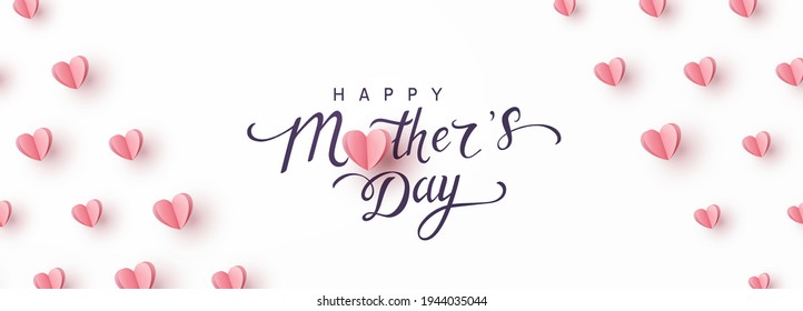 Mother's day greeting card. Vector banner with pink paper hearts. Symbols of love and lettering on white background