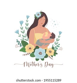 Mother's Day greeting card. Vector illustration of asian brown hair cartoon young woman with a baby in her arms, surrounded by flowers. Isolated on white.