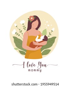 Mother's Day greeting card. Vector illustration of caucasian brown hair cartoon young woman in yellow dress with a baby in her arms, surrounded by flowers. Minimalistic modern style. Isolated on white