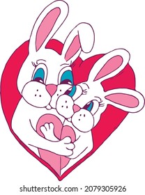 Mother's day greeting card. Vector banner with two cute rabbit in heart. Symbols of love on white background. Flat vector illustration