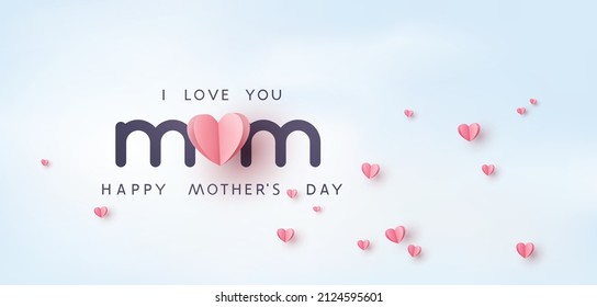 Mother's day greeting card. Vector banner with pink paper hearts. Symbol of love and mom text on blue sky background