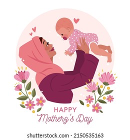 Mother's day greeting card. Vector banner with girl and flying pink paper hearts. Symbols of love on white background