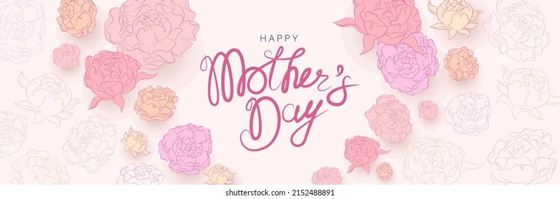 Mother's Day greeting card. Vector banner with flying stylized flowers. Handwritten text on a light background