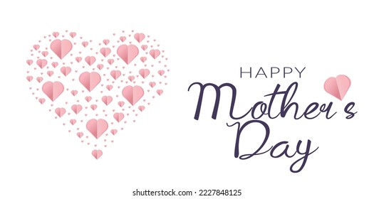 Mother's day greeting card. Vector banner with pink paper hearts. Symbol of love and calligraphy text on white background