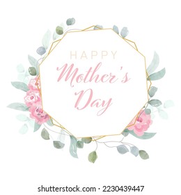 Mother's day greeting card. Vector watercolor card with pink roses and leaves on white background