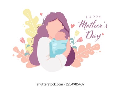 Mother's day greeting card. Vector banner with mother holding baby and pink hearts.