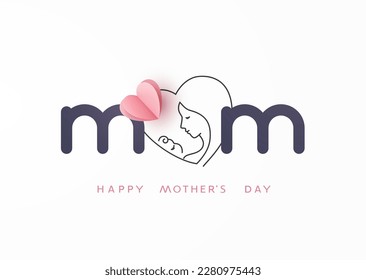 Mother's day greeting card. Vector banner with pink paper heart. Symbol of love mom and child on white background