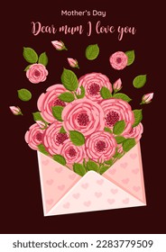 Mother's day greeting card. Vector bouquet of roses inside an envelope. Floral illustration for greeting card, poster, banner, decor etc.