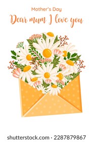 Mother's day greeting card. Vector bouquet of daisies and other field plants inside an envelope. Floral illustration with chamomile for greeting card, poster, invitation, decor etc.