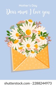 Mother's day greeting card. Vector bouquet of daisies and other field plants inside an envelope. Floral illustration with chamomile for greeting card, poster, invitation, decor etc.