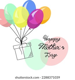 Mother's day greeting card. Vector banner with hand written text on pink and blue background with balloons and gift box in minimalism style. Vector illustration