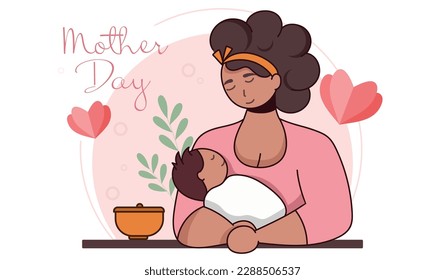 Mother's Day greeting card. Vector illustration of a mother holding her son in her arms.