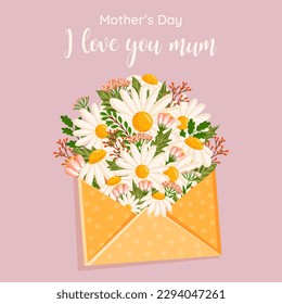 Mother's day greeting card. Vector bouquet of daisies and other field plants inside an envelope. Floral illustration with chamomile for greeting card, poster, invitation, decor etc.