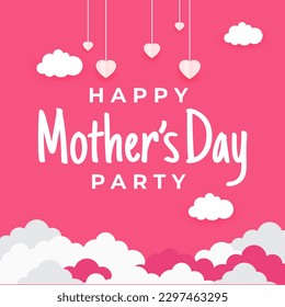 Mother's day greeting card. Vector banner and flying pink paper hearts. Symbols of love on isolated white background