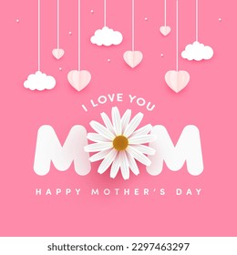 Mother's day greeting card. Vector banner and flying pink paper hearts. Symbols of love on isolated white background