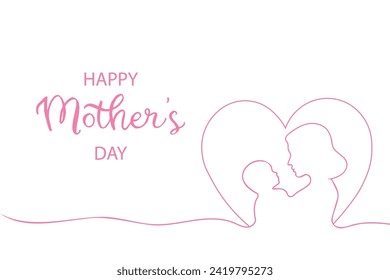 Mother's day greeting card. Vector banner with pink line art. Symbol of love and calligraphy text.