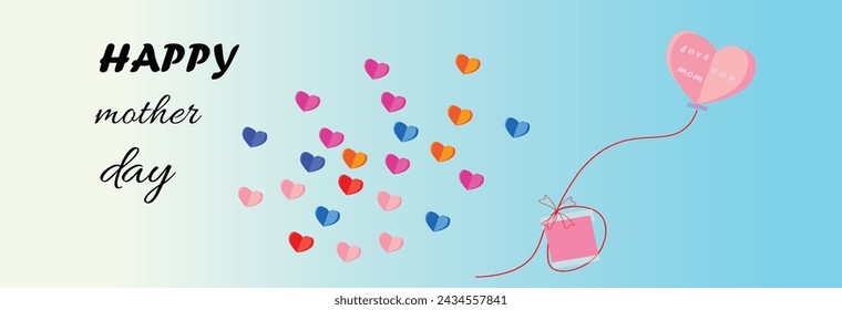 Tarjeta de felicitación del día de la madre. Vector volando rosa, naranja, azul cielo, rojo, corazones de papel. Símbolos de amor sobre fondo azul y blanco.