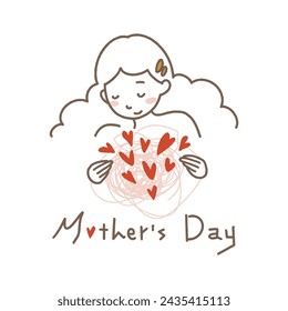 Mother's day greeting card. Vector illustration with woman holding red hearts.