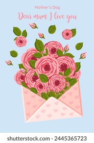 Mother's day greeting card. Vector bouquet of roses inside an envelope. Floral illustration for greeting card, poster, banner, decor etc.