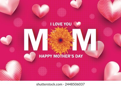 Mother's day greeting card. Vector banner I love you mum with pink 3d heart