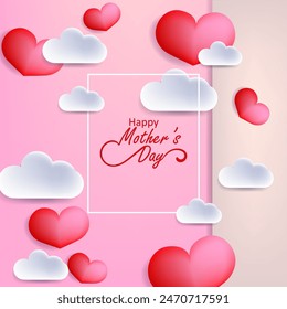 Mother's day greeting card vector background design. Festive mom postcard with pink hearts icon symbol of love mom and child.