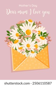 Mother's day greeting card. Vector bouquet of daisies and other field plants inside an envelope. Floral illustration with chamomile for greeting card, poster, invitation, decor etc.