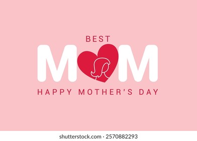 Mother's day greeting card. Vector banner with girl in red paper heart. Symbols of love on pink background