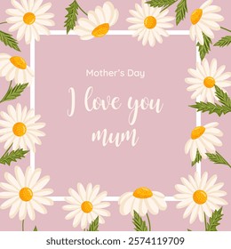 Mother's day greeting card. Vector frame with daisies. Chamomile floral illustration for congratulations or decor etc. Flowers for spring and summer holidays.