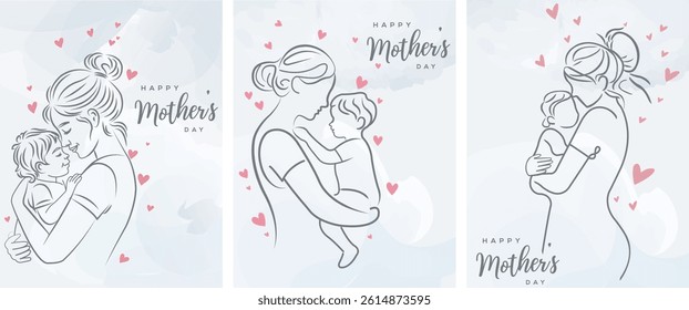 Mother's Day greeting card. Vector banner illustration, poster, flyer, clip art, graphic. Mother and baby line art. Happy Mother's Day card.