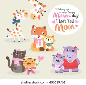 Mother's day greeting card. Vector illustration. Cute little giraffe, fox, cat and hippo with their mother.