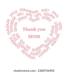 Mother's day greeting card with warm words of thank you mom. Vector heart shaped illustration for 14th May for posts, posters, designs, banners in pink color