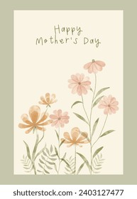 Mother's day greeting card watercolor wildflowers. Backgrounds with realistic drawing daisies and chrysanthemums flowers.