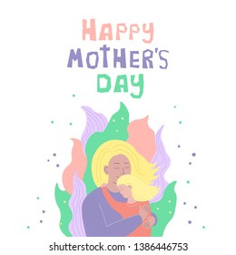 Mother's Day greeting card with a woman hugging her little daughter.Simple flat style on white background.Vector illustration in soft colors.