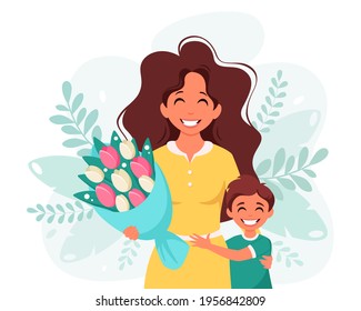 Mother's day greeting card. Woman with bouquet of flowers and son. Vector illustration