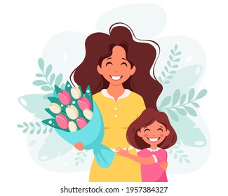 Mother's day greeting card. Woman with bouquet of flowers and daughter. Vector illustration