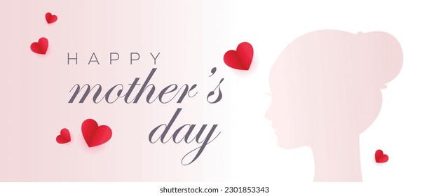 Mother's day greeting card Woman silhouette with pink paper hearts.Mother's day greeting card mom postcard.  mum on white background