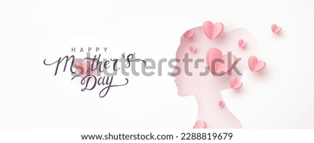 Mother's day greeting card. Woman silhouette with pink paper hearts. Vector festive mom postcard. Symbol of love mum and child on white background