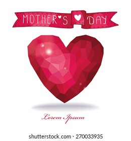 Mothers day Greeting card.Abstract  polygons pink heart with  curly ribbon in white  background .Invitation,banner template.Love Vector.